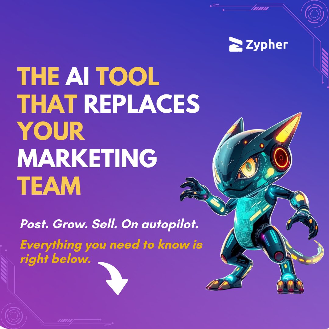No time for content? No team? No problem.  
Zypher AI is your 24/7 marketing assistant:  
✅ Writes &amp; posts for you  
✅ Replies in your tone  
✅ Grows your audience  

Built for small biz &amp; creators.  
#ZypherAI #SmallBusinessTools #AIMarketing