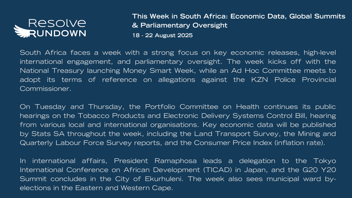 This week in South Africa: A focus on economic reports including the latest inflation rate. The country hosts the Y20 Summit and participates in TICAD, while Parliament holds public hearings on the Tobacco Bill.

Read: resolvecommunications.co.za/resolve-rundow…

#SouthAfrica
