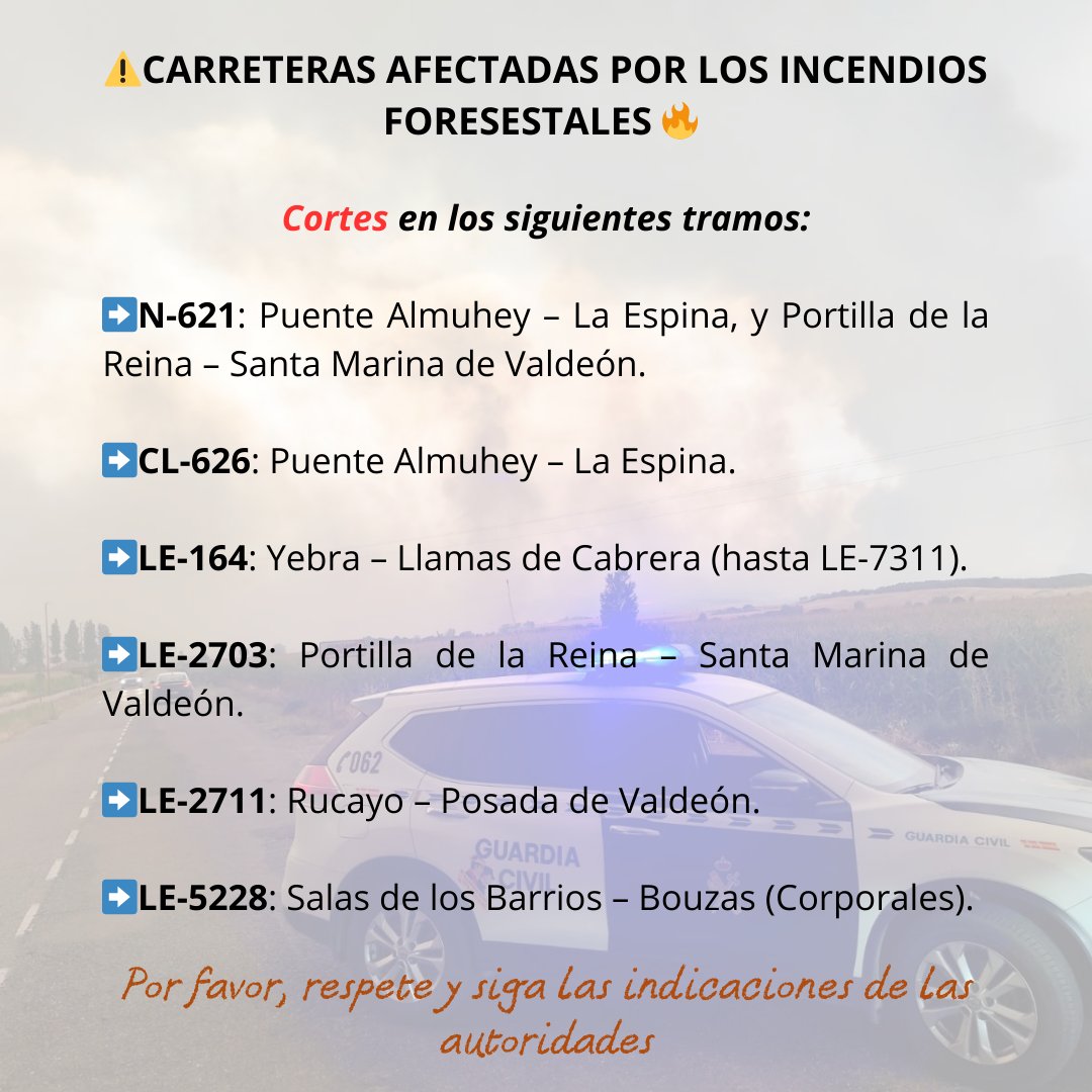 ⚠️Atención, varias carreteras están afectadas por los incendios forestales 🔥 por humo y/o polvo

🚫Estos son los tramos cortados 👇