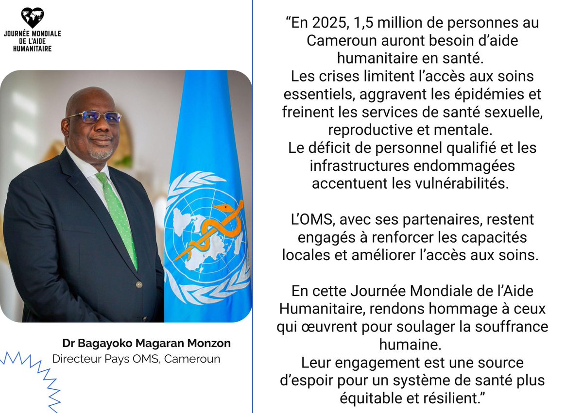 OchaCameroon's tweet photo. "Rendons hommage à ceux qui œuvrent pour soulager la souffrance humaine. Leur engagement est une source d’espoir pour un système de santé plus équitable et résilient"

Dr Bagayoko Magaran, Country Representative @whocmr 

#WHD2025
#AgirPourLHumanité
#WorldHumanitarianDay https://t.co/E4QMCvsbes
