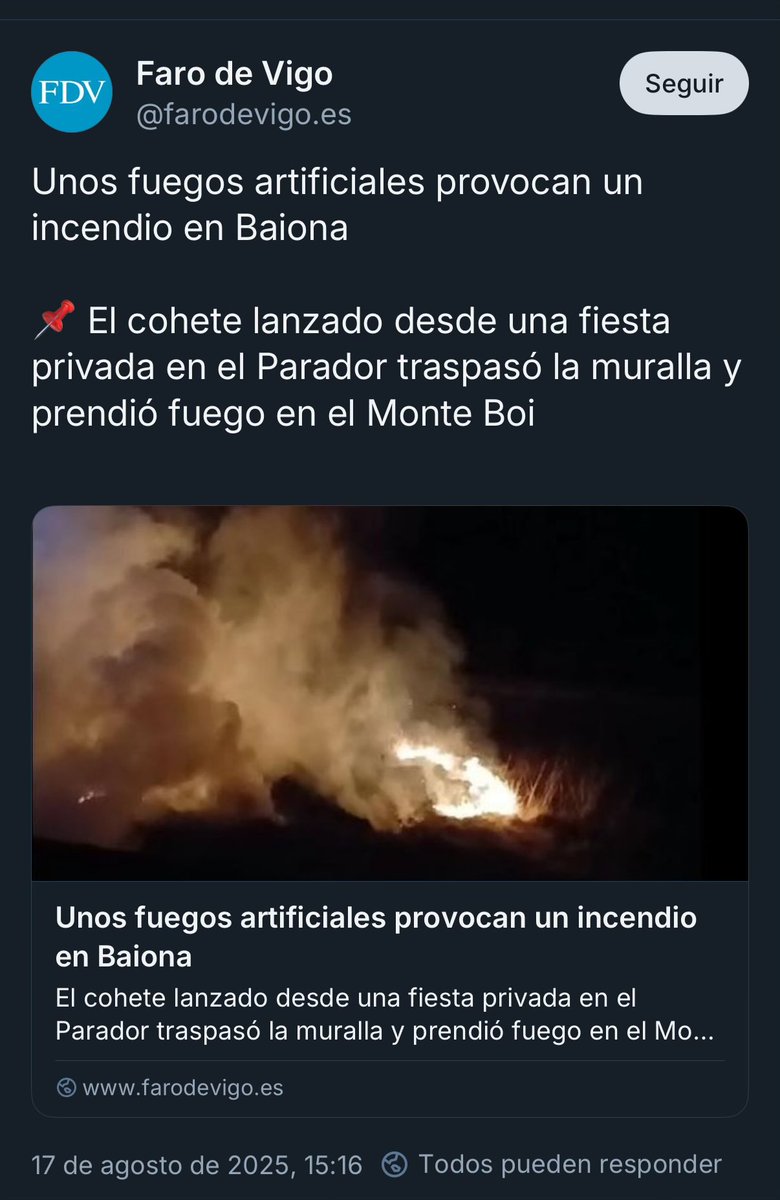 medicblasto's tweet image. Hoy Vicente Vallés no os contará que en la boda de una hija de un alto cargo del PP gallego tiraron fuegos artificiales y provocaron otro incendio en Baiona.