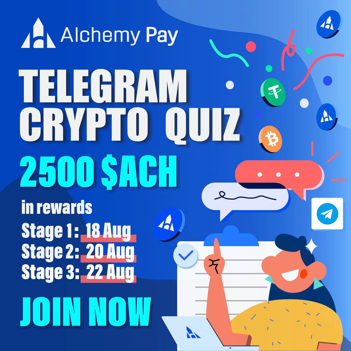 🚀Ready for a crypto challenge?📝Join the #AlchemyPay Crypto Quiz to win  2500 $ACH! The quiz has 3 stages, with 5 questions each on Aug 18, 20, and  22. Accumulate the most points