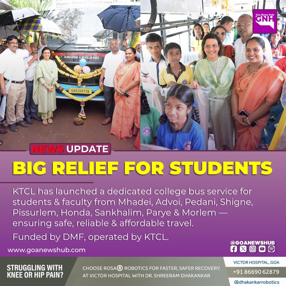 goanewshub's tweet image. Big Relief for Students

KTCL has launched a dedicated college bus service for students &amp;amp; faculty from Mhadei, Advoi, Pedani, Shigne, Pissurlem, Honda, Sankhalim, Parye &amp;amp; Morlem — ensuring safe, reliable &amp;amp; affordable travel.

Funded by DMF, operated by KTCL.
@draneofficial 
#KTCL