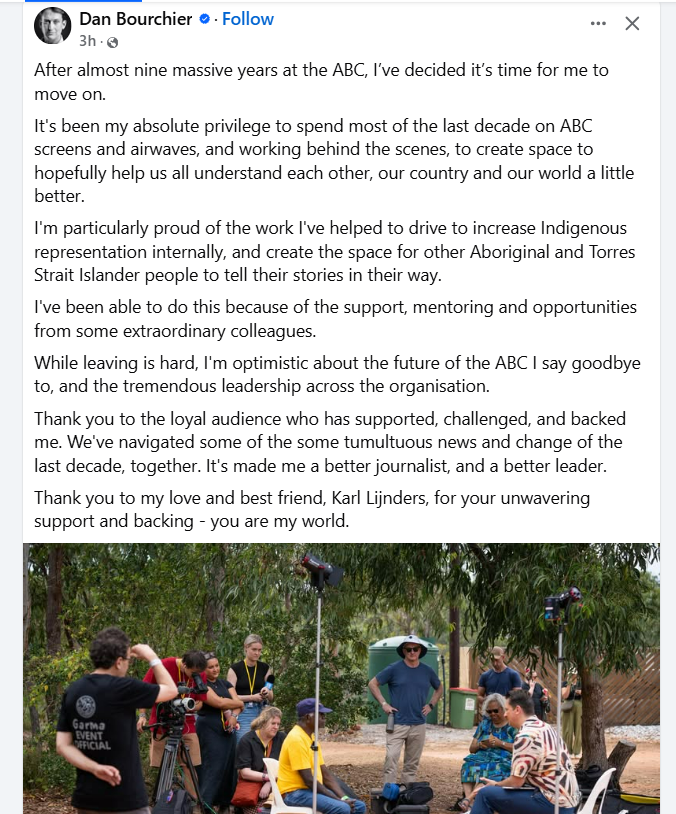 anonymous_julie's tweet photo. @NannanBay I agree. He has been amazing, especially for indigenous stories but is always up to his brief, no matter what story he's presenting.
Another one of the best gone. #ValeABC A slow death.
From his FB post. https://t.co/DQ2E90yGpa