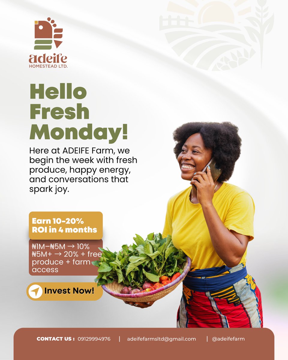adeifefarm's tweet photo. 🐟 Catfish, 🐔 chickens, 🐌 snails, 🌽 maize, 🥬 veggies etc — we grow it all at Adeife Farm! 🌱

Earn 10–20% ROI in 4 months
₦1M–₦5M → 10% | ₦5M+ → 20% + free produce + farm access

👉 Harvest Wealth Today!

#adeifefarm #agribusiness #growyourmoney #farmtoprofit https://t.co/vCvRbRdrvV
