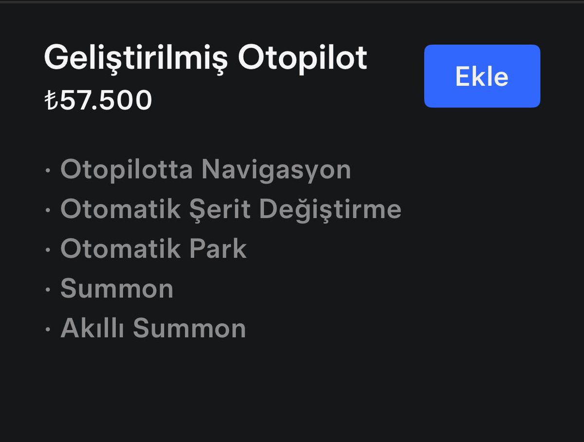 Geliştirilmiş Otopilot (EAP) alınır mı?

Tesla 57.500₺ karşılığında neler sunuyor ? Hangileri işlevsel?

Otomatik Şerit Değiştirme✅
Otomatik Park✅
Otopilotta Navi ❌
Summon❌
Akıllı Summon❌

Bana göre en büyük artısı, hız sabitleyiciyi devreden çıkartmadan şerit