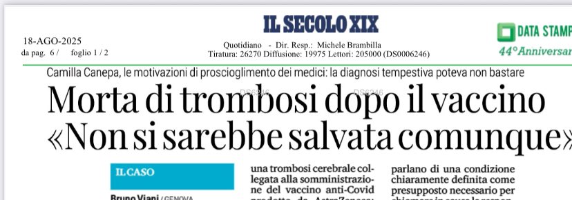 Camilla Canepa è morta dopo il vaccino a causa di una trombosi e ora sono stati prosciolti i medici perché non c’era niente da fare. Non è morta per colpa loro ma per quel vaccino. Io mi chiedo: ma non c’è neppure un giudice disposto a indagare Speranza per omicidio colposo?