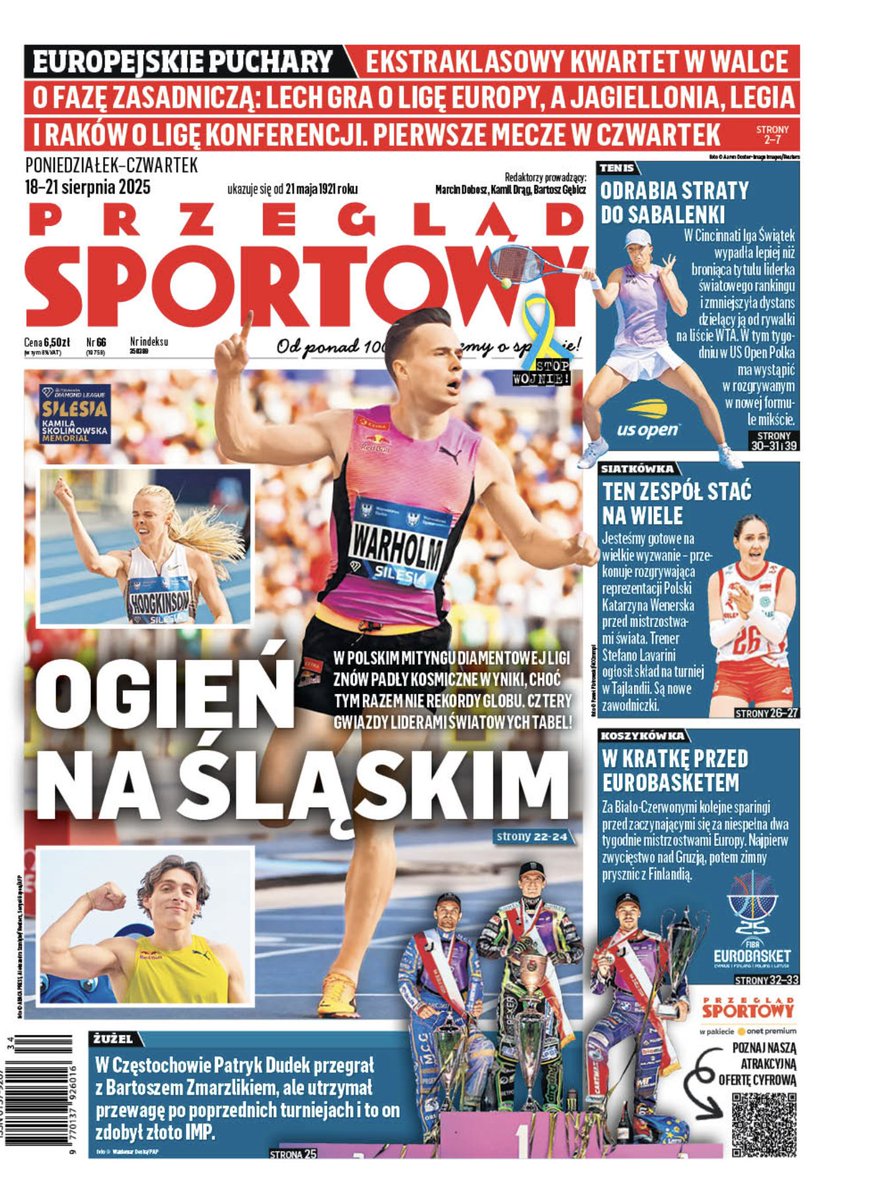 Przemysław Osiak (@przemyslawosiak) on Twitter photo „Przegląd Sportowy” 🗞️ po <a href="/MemorialKamili/">Silesia Memoriał Kamili Skolimowskiej</a> – w środku na trzech stronach rozmowy z Warholmem, Kipyegon (o bieganiu boso w Bydgoszczy), Mondo wspominający Aviciiego 🎶, podsumowanie, wyniki.
Plus wszystko, co najważniejsze po weekendzie w sporcie polskim i światowym. Polecamy! „Przegląd Sportowy” 🗞️ po <a href="/MemorialKamili/">Silesia Memoriał Kamili Skolimowskiej</a> – w środku na trzech stronach rozmowy z Warholmem, Kipyegon (o bieganiu boso w Bydgoszczy), Mondo wspominający Aviciiego 🎶, podsumowanie, wyniki.
Plus wszystko, co najważniejsze po weekendzie w sporcie polskim i światowym. Polecamy!