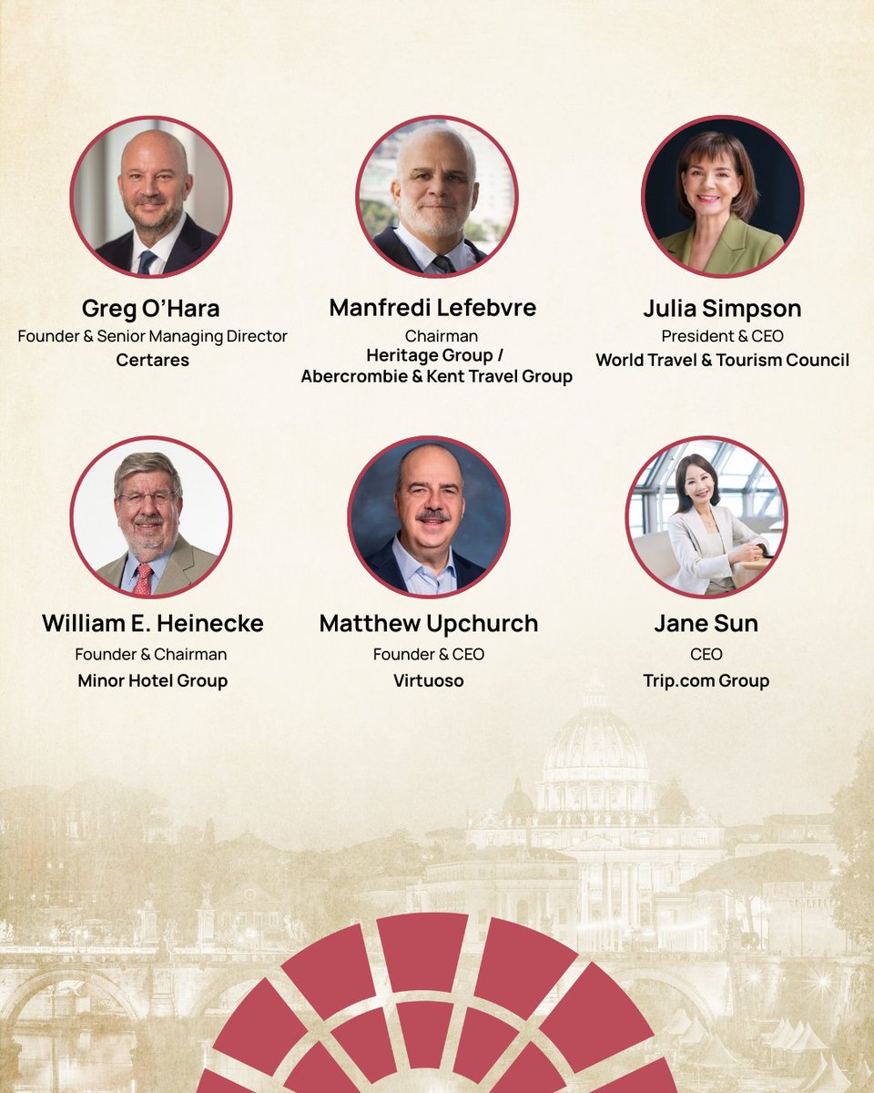 ENIT_italia's tweet image. 🌍 WTTC svela la prima rosa di relatori del 25° Global Summit, in programma a Roma dal 28 al 30 settembre.
Un evento unico con ENIT e il Ministero del Turismo come partner istituzionali, insieme a Roma Capitale e Regione Lazio.
👉 enit.it/en/wttc-global…
#GSRome #WTTC #ENITSpA