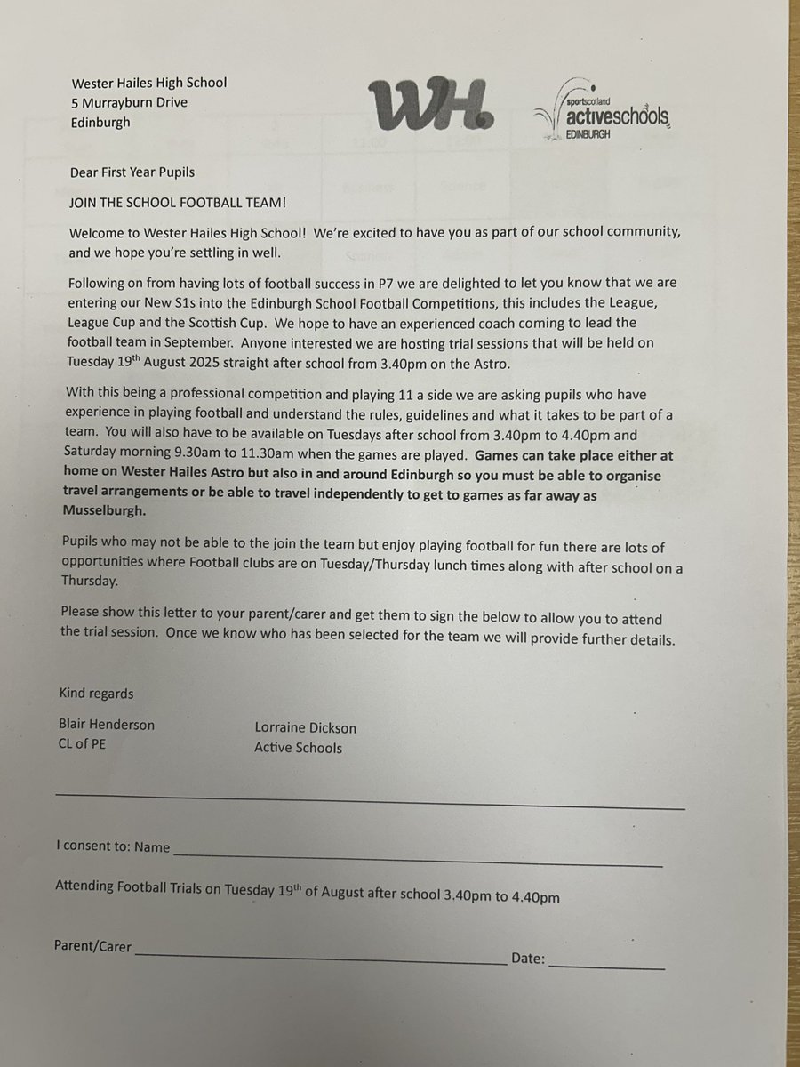 WHHS_Edin's tweet image. Get involved with our new S1 football team! Trials are tomorrow @WHECHWB #football #newteam #ActiveSchools