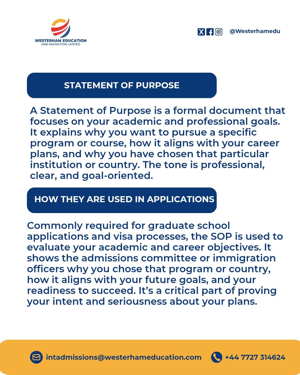 westerhamedu's tweet photo. Your application is more than grades, it’s your story + future goals.
Knowing the difference between a SOP & Personal Statement can set you apart.
Need help writing a stand out personal statement or SOP? Send us a Dm today!
#statementofpurpose #migratewithus #StudyAbroad https://t.co/q8d5lqOAto