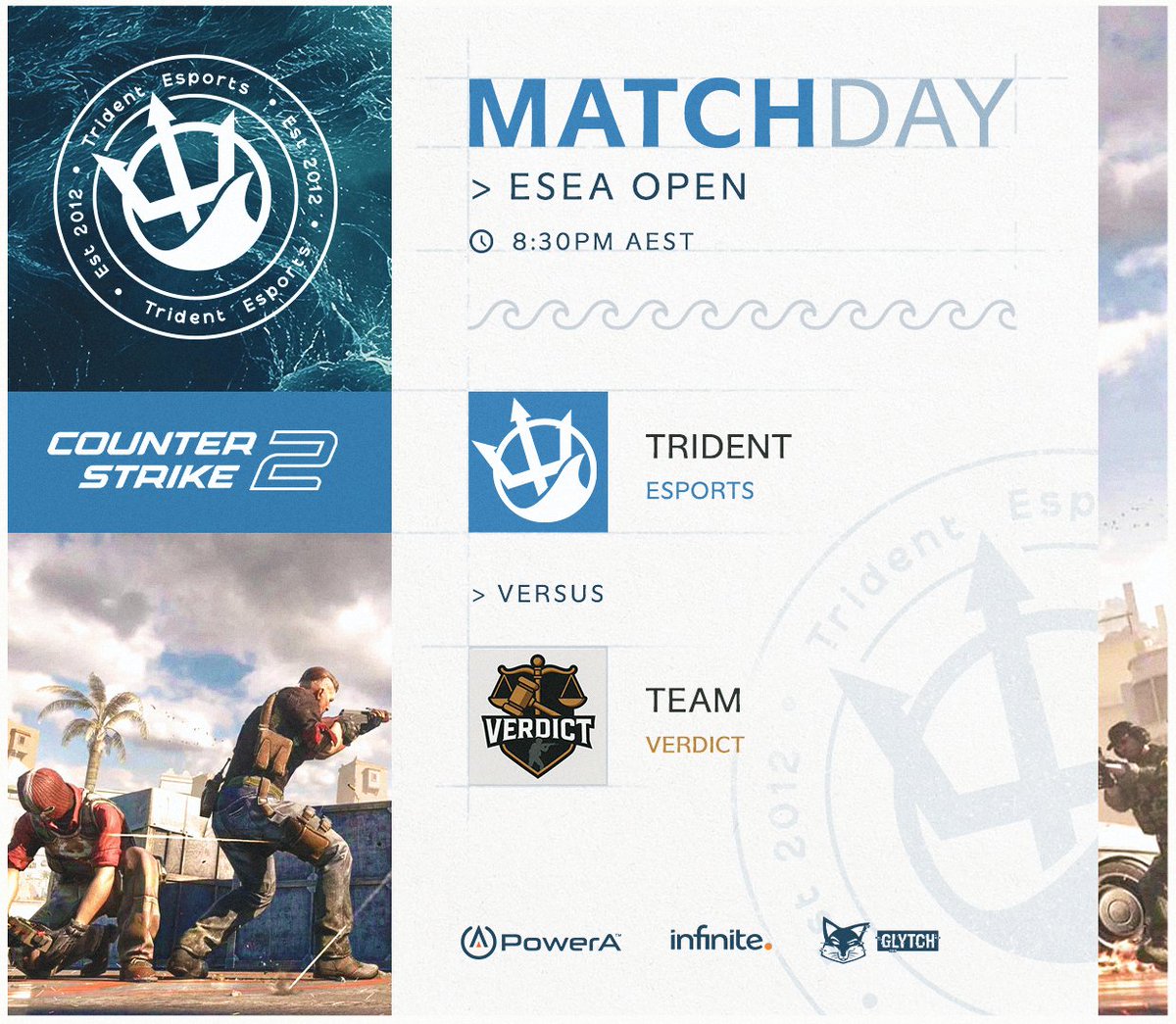 TridentEsports's tweet image. #MATCHDAY 

#TridentCS are back at it again this week, taking on #Verdict. Currently sitting tied with #Staqued for 24-25th position. 

Can we take out the win and continue moving to the top?

🆚 #Verdict
⏰ 8:30PM AEST
📺 faceit.com/en/cs2/room/1-…

#RaiseYourTrident🔱