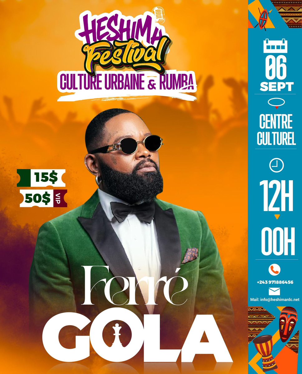 🔥 Rendez-vous le 06 septembre au HESHIMA Festival ! Culture urbaine &amp; rumba au cœur d’un héritage congolais vibrant. Je serai sur scène venez vivre ce moment fort avec moi ! 🇨🇩🎶 #FerreGola #Mobondo #HeshimaFestival 👊🏾