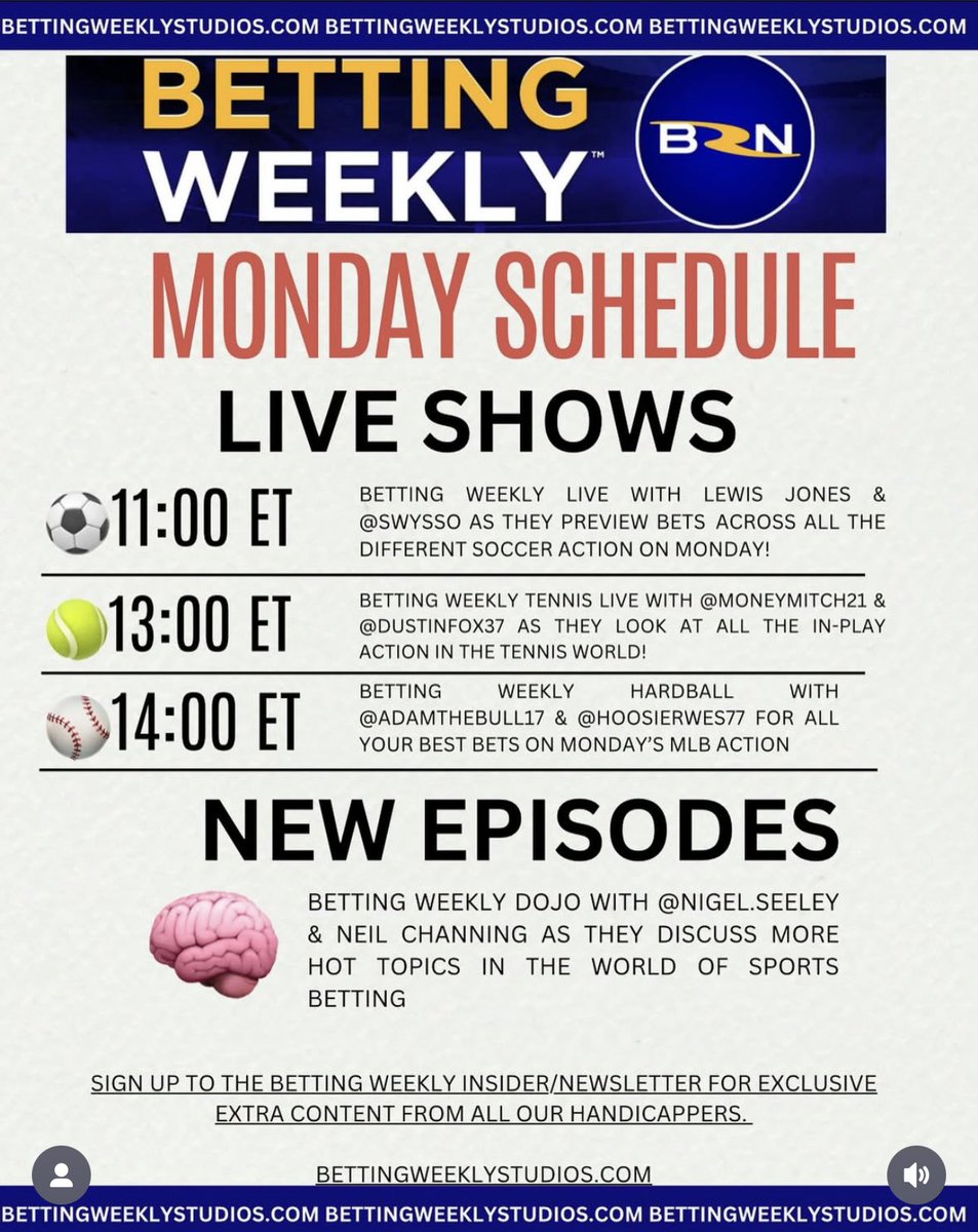 Betting Weekly Studios (@becausewewin) on Twitter photo We start a new week 😁
Monday’s schedule
<a href="/LewisJonesKnows/">Lewis Jones</a> <a href="/meatmansoccer/">Steve Wyss</a> <a href="/MoneyMitchM21/">Mitch Michals</a> <a href="/DustinFox37/">Dustin Fox</a> <a href="/seeley_nigel/">Nigel Seeley</a> <a href="/SenseiChanning/">Neil Channing</a>
Subscribe for FREE to the Betting Weekly Newsletter picks from this week <a href="/RuriBarlow/">Ruairidh Barlow</a> <a href="/_Jack_Wright/">Jack Wright</a> & Nigel delivered 📥 this afternoon. We start a new week 😁
Monday’s schedule
<a href="/LewisJonesKnows/">Lewis Jones</a> <a href="/meatmansoccer/">Steve Wyss</a> <a href="/MoneyMitchM21/">Mitch Michals</a> <a href="/DustinFox37/">Dustin Fox</a> <a href="/seeley_nigel/">Nigel Seeley</a> <a href="/SenseiChanning/">Neil Channing</a>
Subscribe for FREE to the Betting Weekly Newsletter picks from this week <a href="/RuriBarlow/">Ruairidh Barlow</a> <a href="/_Jack_Wright/">Jack Wright</a> & Nigel delivered 📥 this afternoon.