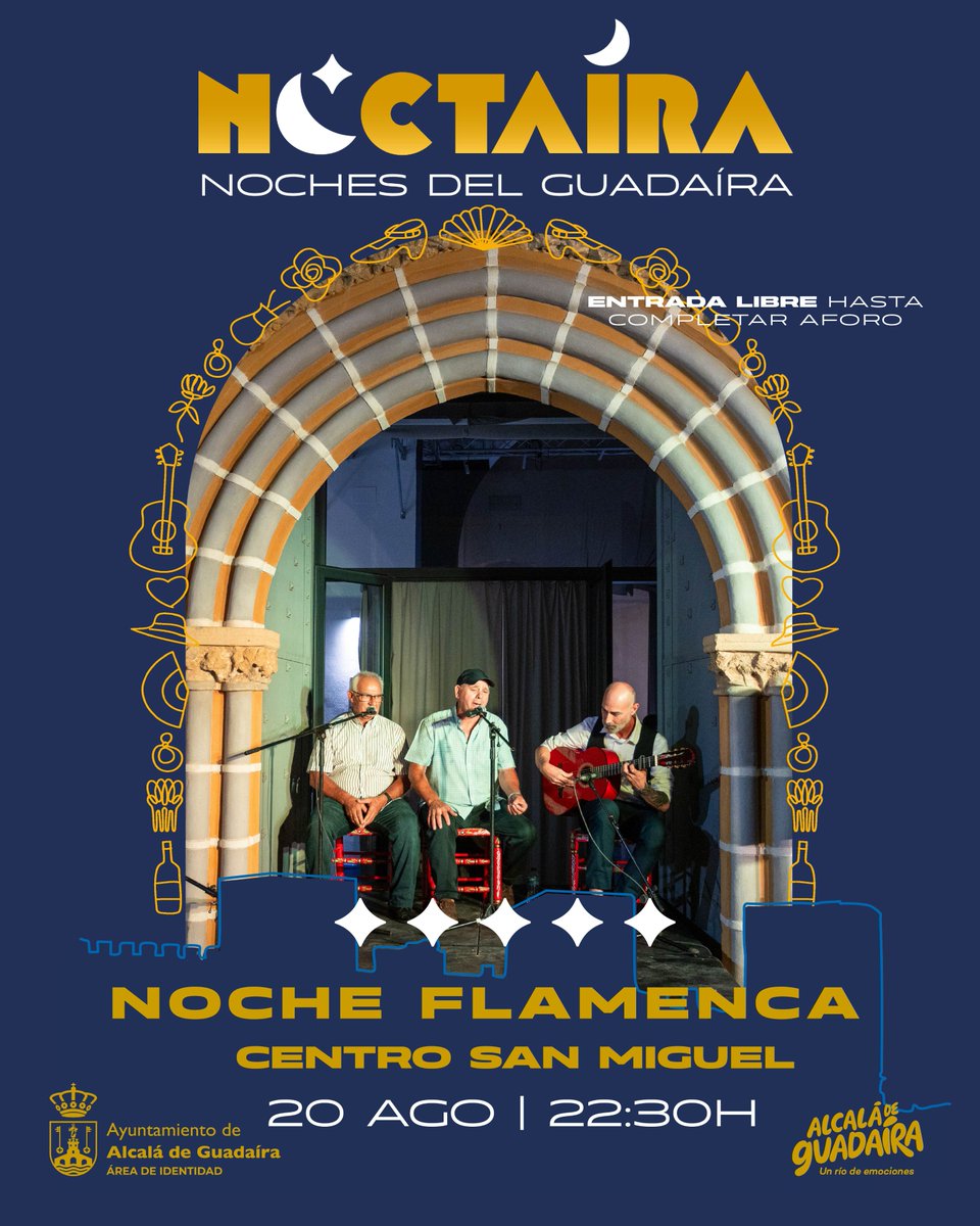 Esta noche, el Centro San Miguel ⛪️ de nuevo será testigo de una Noche Flamenca 🌙💃

⏱ 22.30h.
📆 Miércoles 20 de agosto.
📍Centro San Miguel
🎫 Entrada libre hasta completar aforo.

#turismo #cultura #Noctaíra #NochesDelGuadaíra #AlcaládeGuadaíra