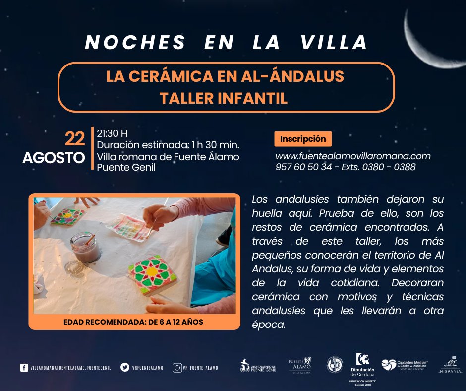 La cerámica en Al Ándalus👳(Taller infantil).  

Los andalusíes también dejaron su huella 👣en  <a href="/VRFuenteAlamo/">VR Fuente Álamo</a>. Descubre cómo era su vida y decora cerámica con motivos del arte hispanomusulmán. ⚱️ 🖌️ 

Inscríbete 👉 fuentealamovillaromana.com
<a href="/VisitPteGenil/">Puente Genil Turismo</a> <a href="/campisurturismo/">campisurturismo</a>