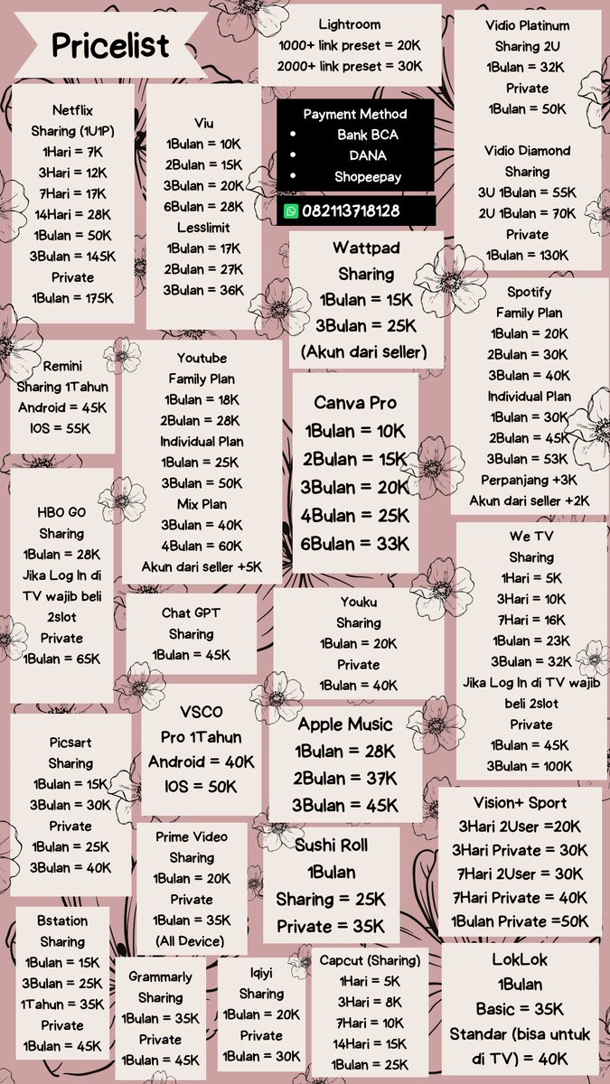 hiitsoydisapps's tweet photo. New pricelist yaw🤗 #netlfix #spotifypremium #youtubepremium #remini #viu #wetv #vidio #primevideo #jualnetflix #jualnetflixmurah #canvapro #vscopro #remini #zonauang #zonajajan #zonaBU #wtb #wts https://t.co/esXmWJfIKD