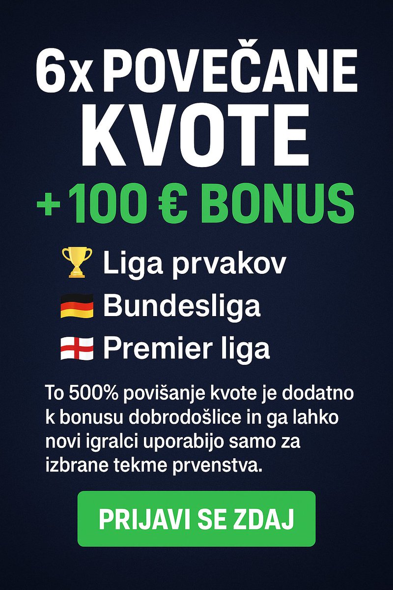 sloProStave's tweet photo. 🔥 6x povečane kvote + 100 € bonus! 🔥

⚽ Liga prvakov
🇩🇪 Bundesliga
🏴 Premier liga
Primer: 5 € stava na Bayern (1.20) → 36 € dobitka! 🚀
👉 Pridruži se na https://t.co/d9mM6bTY9E
#prostave #betting #football https://t.co/a77yAxEkHn