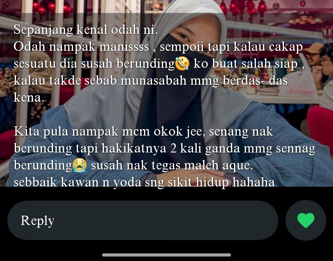 raudahhhhhh's tweet photo. camni rupanya pandangan kwan guwa  pasal guwa, sebelum ni aku pelik bila ada mem laki cakap 'aku takut dengan kau' pdhal aku rse aku dah cuba interact dengan manissss🤣🤣 https://t.co/zwnxlOADJL