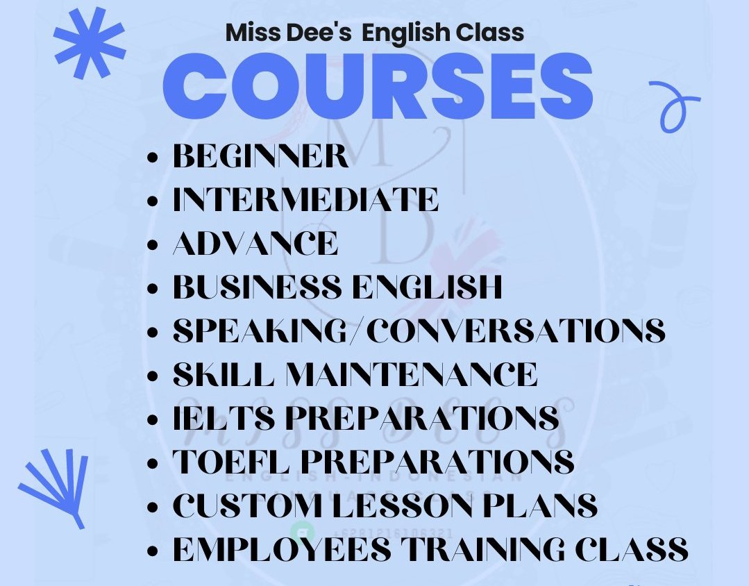 Let me introduce myself.

Guru les bahasa inggris yg sudah banyak membantu murid les online atau offline (Jakarta only) meraih kesuksesan di bidang akademik dan yang lainnya.

Info lebih lengkap silahkan dibaca keterangan di bawah ini atau bisa reply dan dm.

Thank you! 🙏