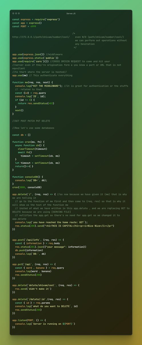 SyntaxTiwari's tweet image. ⚡ Leveling up my backend journey with Node.js + Express.js 🚀
Dived into 📡 Requests &amp;amp; Responses, 📂 File Serving, 🌐 CORS, 🛡️ Middleware, and ⏱️ Job Scheduling. 
Step by step, building the backbone of real-world apps! 💻🔥
#Nodejs #Expressjs #BackendDevelopment #WebDevJourney