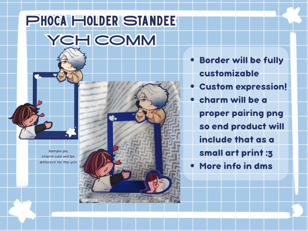 [SHARES APPRECIATED :3]

Opening YCH phoca holder standee comm for #CF21 

3 slots only for now. 
Avail for pickup cf day 1 and mail order 

Order by DM. ToS and info below
#comifuro21