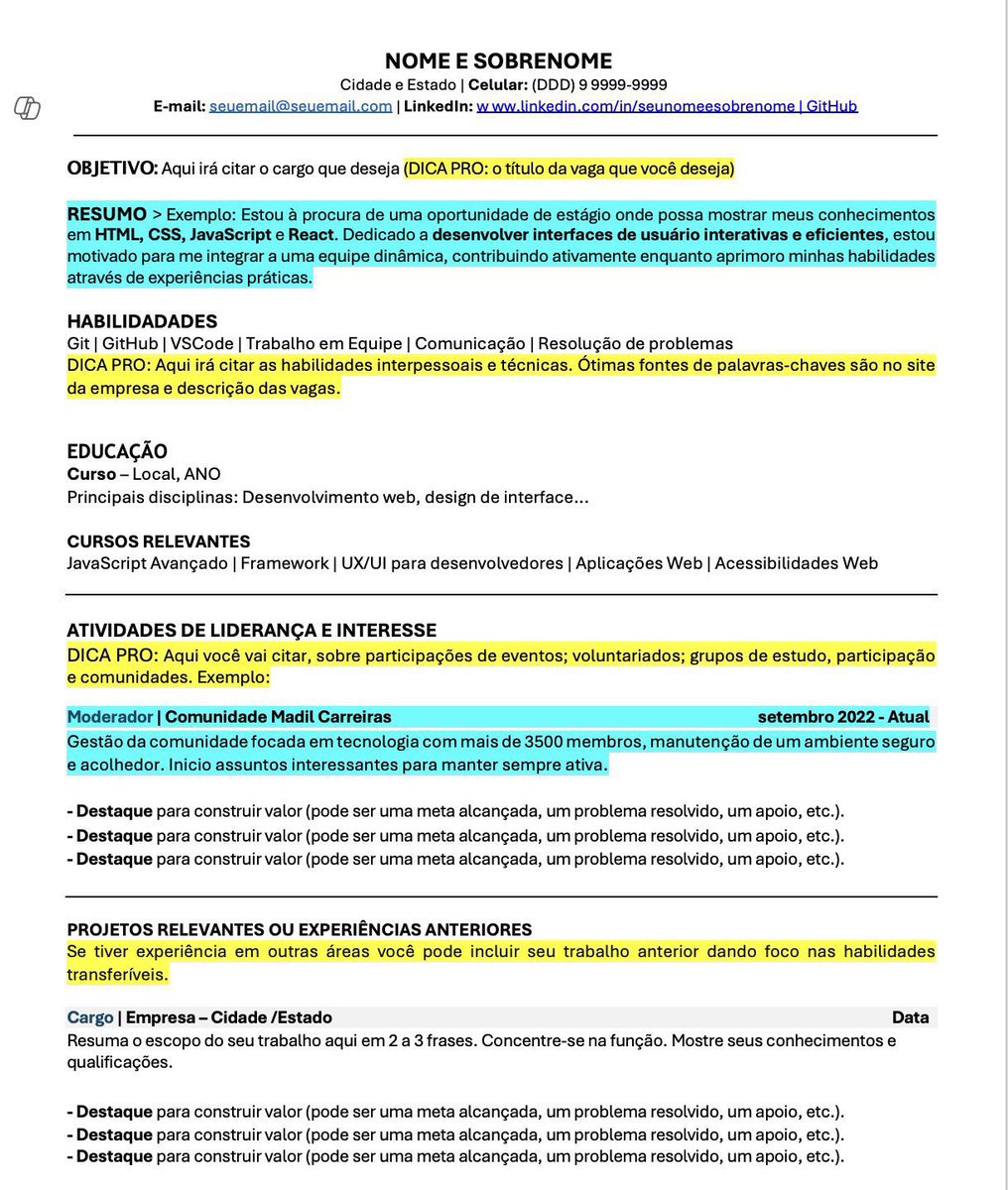 senhoritha's tweet image. Currículo de quem está começando NÃO precisa ter experiência formal.

Mas precisa ter clareza:
→ Qual vaga você busca
→ O que já estudou
→ Quais ferramentas conhece
→ Projetos práticos que já fez

Acredite: isso vale mais do que escrever “em busca de uma oportunidade”