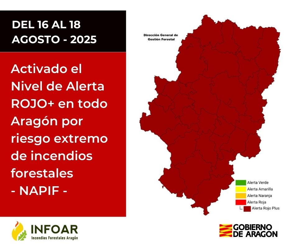 IIFFAragon's tweet photo. 🔴Sigue activa la Alerta Roja Plus por riesgo extremo de incendios forestales en todo Aragón.

Puedes consultar las restricciones y la previsión del #NAPIF para los 2 próximos días a través de este enlace 🔗https://t.co/oMI06hExsh https://t.co/zk0WDTg3Fi