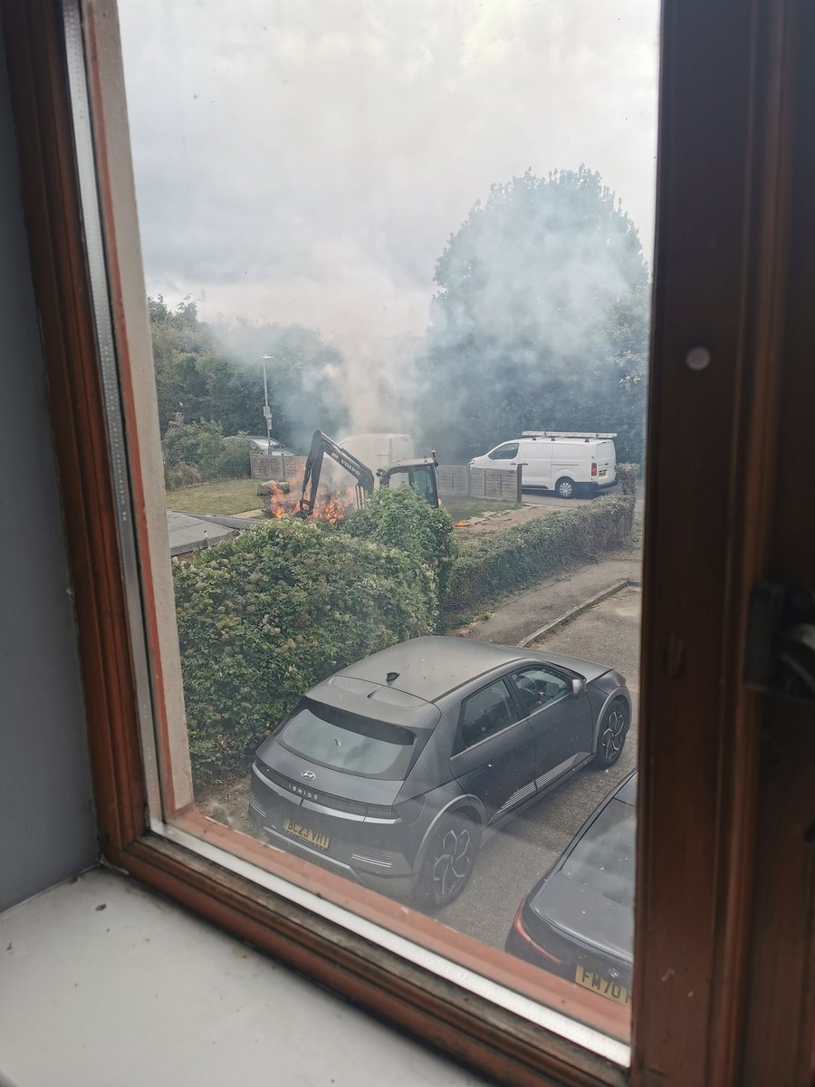 visartuk's tweet photo. War day in Graveley Herts, windows open. Then this, windows rattled when they lit it, house full of smoke, all those fence panels on the fire in front garden. Joke. @NorthHertsDC https://t.co/Kdasr27Uda