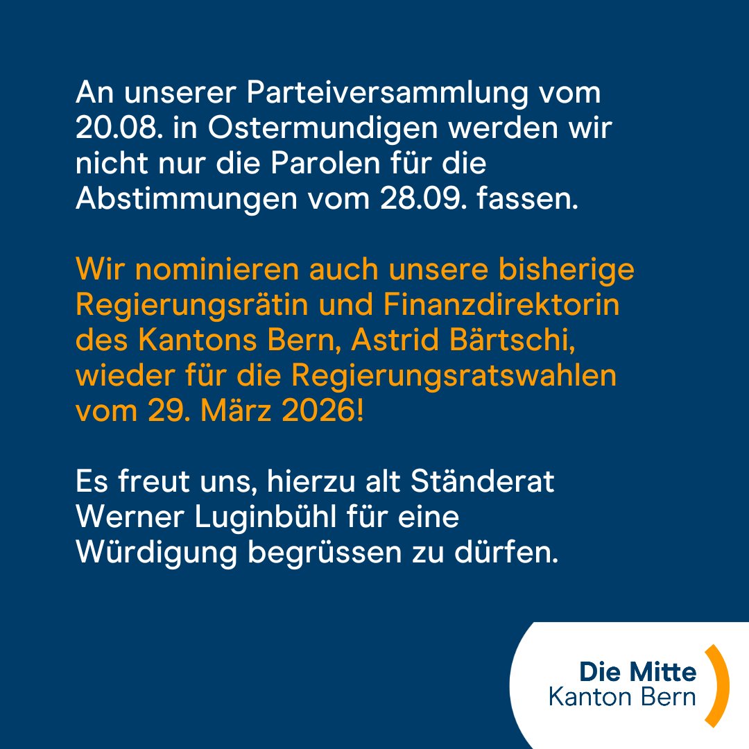 Komm diesen Mittwoch nach Ostermundigen, denn wir nominieren unsere Regierungsrätin &amp; Finanzdirektorin Astrid Bärtschi, für die Regierungsratswahlen vom 29. März 2026 🤩

#DieMitteBE #Nomination #RRBE #GRBE #Regierungsrat #WahlenBE26 #Ostermundigen