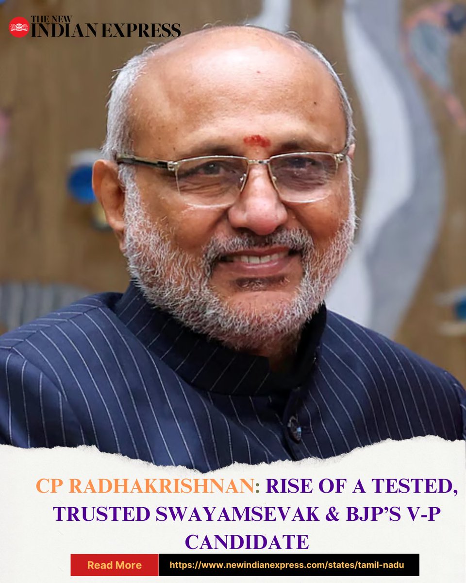 TNIE Tamil Nadu (@xpresstn) on Twitter photo Chandrapuram Ponnusamy Radhakrishnan, 67, a veteran #BJP leader and lifelong #RSS swayamsevak, is poised to become #India’s Vice-President making him the third #TamilNadu-born leader to occupy the nation’s second-highest constitutional office.
<a href="/muruga_TNIE/">T Muruganandham</a>
Read more here: Chandrapuram Ponnusamy Radhakrishnan, 67, a veteran #BJP leader and lifelong #RSS swayamsevak, is poised to become #India’s Vice-President making him the third #TamilNadu-born leader to occupy the nation’s second-highest constitutional office.
<a href="/muruga_TNIE/">T Muruganandham</a>
Read more here: