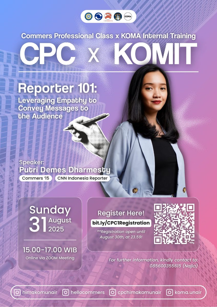 [CPC X KomIT 2025]

⭐ Do you have interest in journalism? Curious about working experience from journalism expert? Want to pursue your dream in media? ⭐👇

✨ Commers Profesional Class ✨ - Reporter 101: Leveraging Empathy to Convey Messages to the Audience ✍🏼 👥