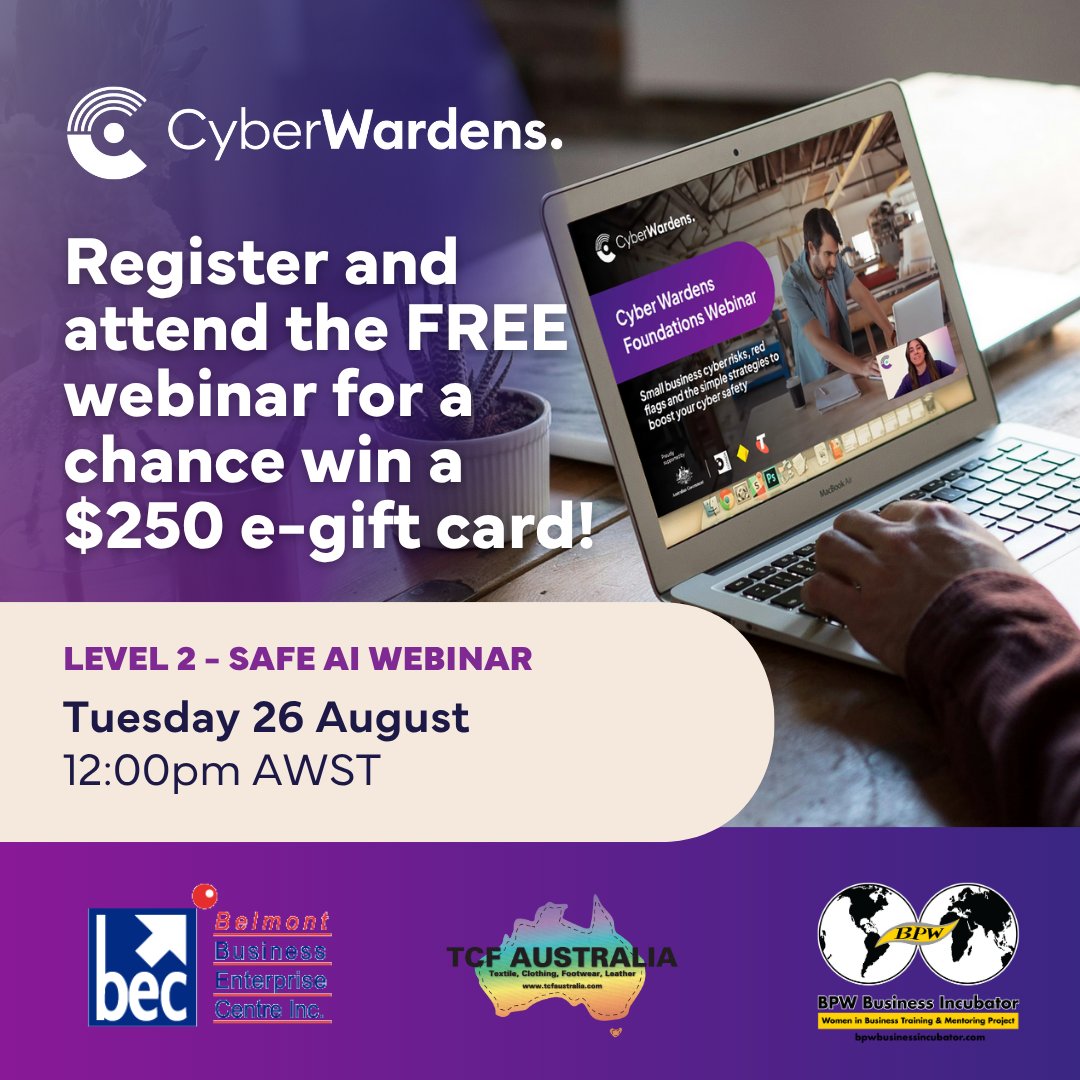 BelmontBEC's tweet photo. Belmont BEC invites you and your team to a FREE Cyber ‘Safe AI for Small Business’ webinar on Tuesday 26 August at 12:00 PM - 12:45 PM AWST
@Carol Hanlon
Register: https://t.co/UiTX2HOqgi https://t.co/XkkQoJnvzM