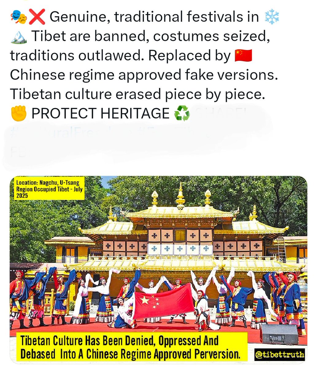 བོད་ཀྱི་སྲོལ་རྒྱུན་དུས་ཆེན་❄️🏔️ ངོ་མ་དེ་གཞུང་བཞེས་བཏང་ནས་སྲོལ་རྒྱུན་མེད་པར་བཟོས་པ་རེད། དེའི་ཚབ་བྱས་པ་ནི་ཀྲུང་གོའི་སྲིད་དབང་གིས་🇨🇳 ཆོག་མཆན་གནང་བའི་པར་གཞི་རྫུན་མ་དེ་ཡིན། བོད་རིགས་ཀྱི་རིག་གནས་དེ་ཕྲན་བུ་ཙམ་གྱིས་བསུབ་པ་རེད།
<a href="/serpentza/">Winston Sterzel</a> <a href="/chenweihua/">Chen Weihua （陈卫华）</a> <a href="/jason27873170/">jason wang</a> 
#CulturalFreedom