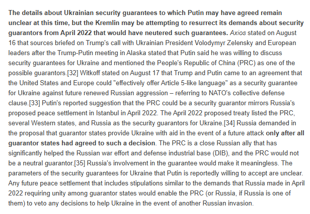 TheStudyofWar's tweet photo. The details about Ukrainian security guarantees to which Putin may have agreed remain unclear at this time, but the Kremlin may be attempting to resurrect its demands about security guarantors from April 2022 that would have neutered such guarantees. https://t.co/j7NBECcJ0e