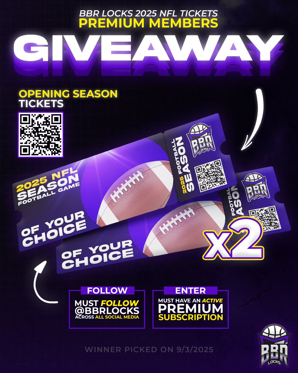 BBRLocks_'s tweet image. 🚨 NFL TICKET GIVEAWAY 🚨

We’re giving away 2x Opening Night NFL Tickets (game nearest to your city) 🎟️🏈

👉 Exclusive to Premium Discord Members only!

How to Enter ⬇️
1️⃣ Follow @BBRLocks_  on all socials (IG, TikTok, &amp;amp; X)
2️⃣ Have an active Premium subscription 
3⃣ Like+Repost…