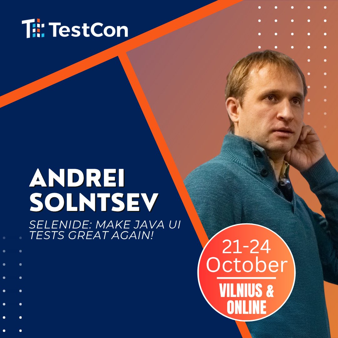TestConEurope's tweet image. 🚀 Revolutionize your Java UI tests with Andrei Solntsev at TestCon Europe 2025! Discover how Selenide makes UI tests reliable, readable &amp;amp; maintainable. 
✅ Stable tests 
✅ No flakiness 
✅ Simple automation. 
Don’t miss it 👉 testcon.lt