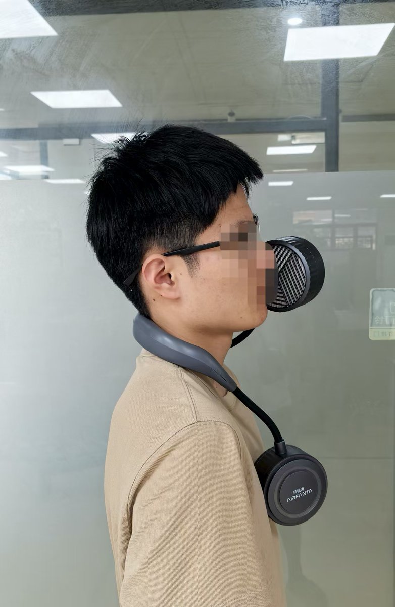 AirFanta is going to release the wearable air purifier in September in China. 
It is an air purifier that directly blow clean air to your mouth and nose at very short distance. 
It is very flexible. You can place it in the front, under, on the side or any place you are