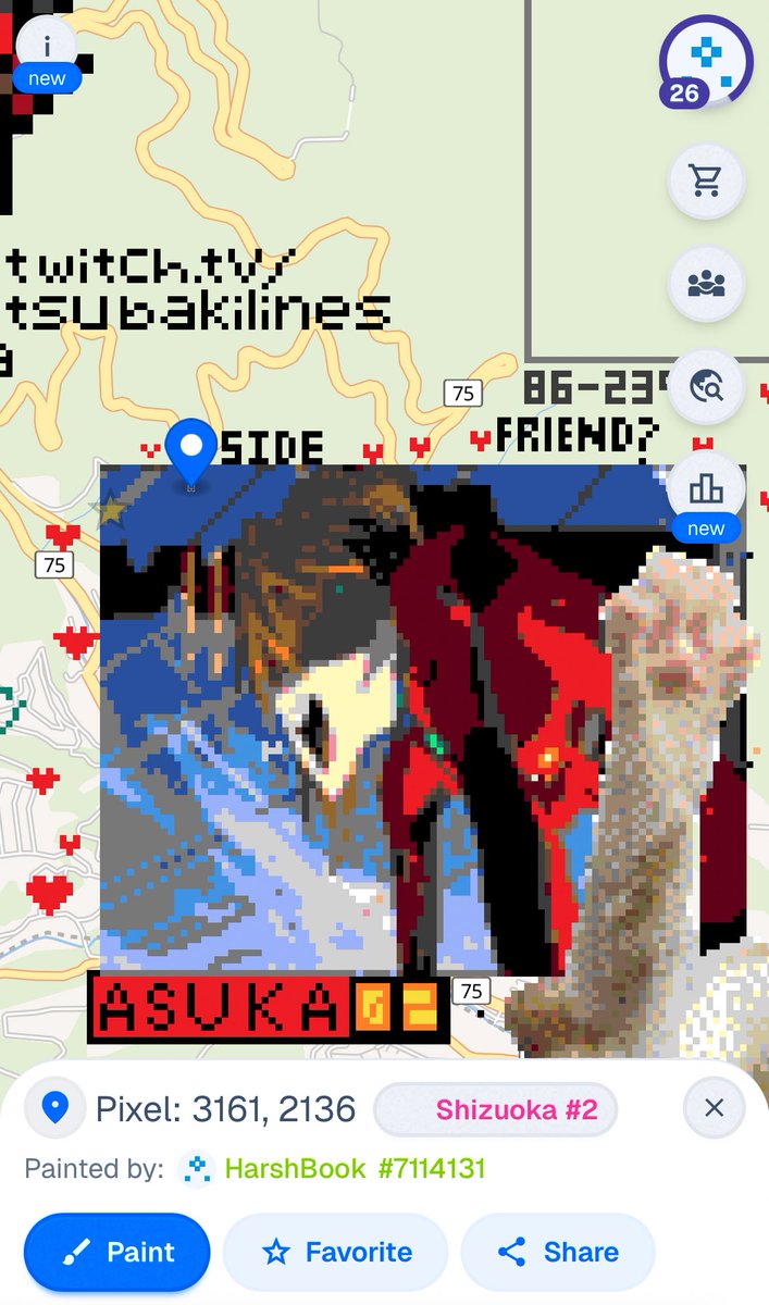 Gvu4Z's tweet photo. 今話題のwplaceやってみたけどこれ楽しいわ。ちなみに今回はエヴァが好きなんで、小田原時あたりに模写で描いてみたから見に来てね！
#wplace https://t.co/c3QTEdhk4g