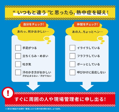 ／
お盆過ぎてもまだまだ暑い…
あなたと仲間は大丈夫？
＼

「いつもと違う…」と思ったら、熱中症を疑いましょう。

こんな症状があったら、すぐに周囲の人に知らせてください！外で働く方は現場管理者に申し出てください⚠️

・水分や塩分をこまめに摂る！
・睡眠と食事はしっかり！