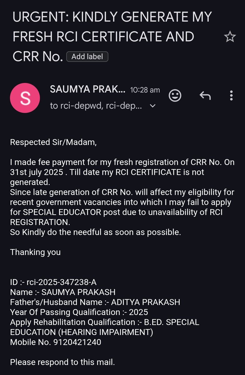 SAUMYAPRAKASH15's tweet photo. @dpradhanbjp  Sir, My RCI CERTIFICATE is not generated yet.  Late generation of CRR No. will affect my eligibility to apply for SPECIAL EDUCATOR post due to unavailability of RCI REGISTRATION.
Kindly look and order the @RCIGovIndia to generate my CRR No. and RCI certificate. https://t.co/myVY3tVy34
