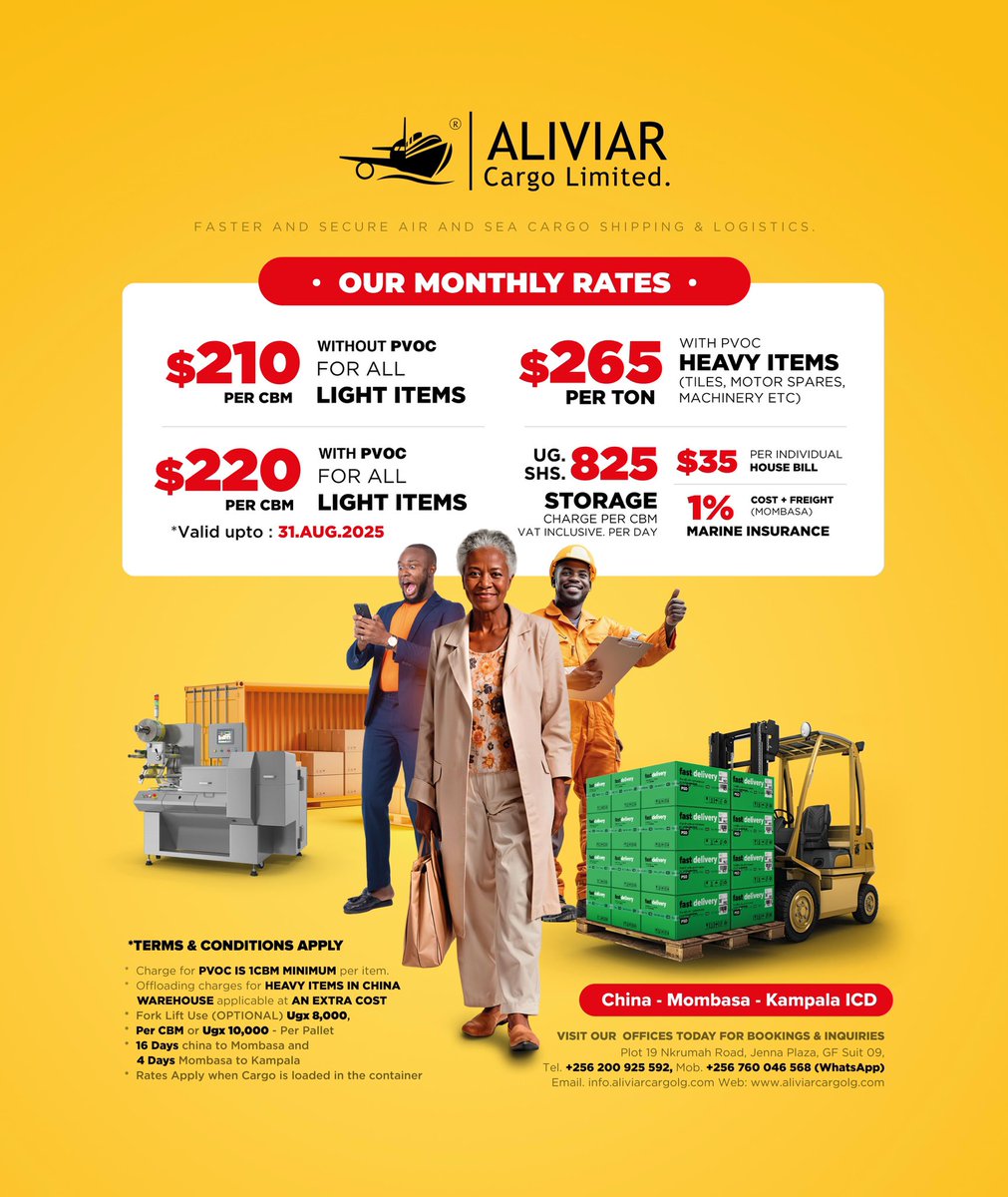 Kickstart your week with stress-free shipping! 🚢 From China to Uganda, Aliviar Cargo makes it smooth, fast &amp; affordable. #AliviarCargo #ShippingMadeEasy”