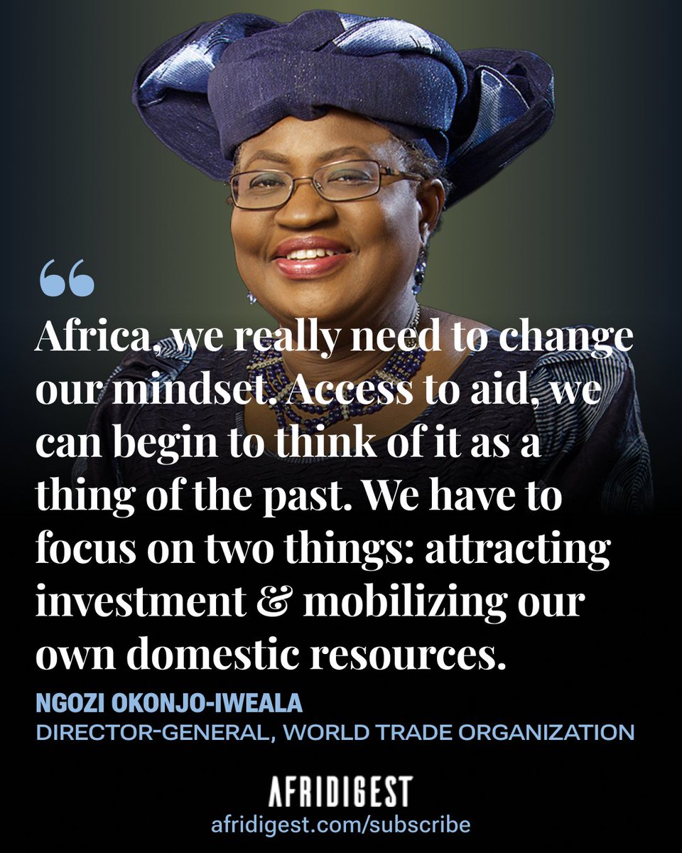 Afridigest π§ π‘πππ¨ (@afridigesthq) on Twitter photo African countries have to move beyond foreign aid
That's the urgent message from <a href="/NOIweala/">Ngozi Okonjo-Iweala</a>, DG of the @WTO
She outlines untapped domestic opportunities:
- Pension fund redirection
- Multilateral dev. bank capitalization
- Diaspora bonds
Read more β afridigest.com/end-aid-ngozi-β¦ African countries have to move beyond foreign aid
That's the urgent message from <a href="/NOIweala/">Ngozi Okonjo-Iweala</a>, DG of the @WTO
She outlines untapped domestic opportunities:
- Pension fund redirection
- Multilateral dev. bank capitalization
- Diaspora bonds
Read more β afridigest.com/end-aid-ngozi-β¦