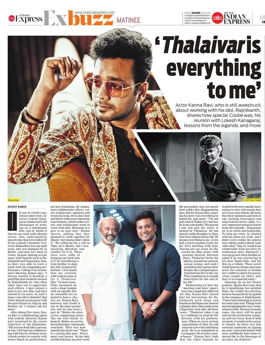 Kanna Ravi (@iamkannaravi) on Twitter photo My love letter to Thalaivar ❤️💫
Thank you <a href="/AK30Official/">Akshay</a> @newindianexpress for the beautiful article ☺️🙏
cinemaexpress.com/tamil/intervie…
#coolie #thalaivar #thalaivarforlife✌🏻️ #indianexpress My love letter to Thalaivar ❤️💫
Thank you <a href="/AK30Official/">Akshay</a> @newindianexpress for the beautiful article ☺️🙏
cinemaexpress.com/tamil/intervie…
#coolie #thalaivar #thalaivarforlife✌🏻️ #indianexpress