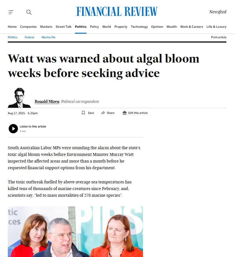 Labor Minister for #woodside Murray Watt was warned for weeks about the SA Algal bloom and just ignored the problem.
More proof Albanese's Labor do not care about the environment or the people who rely on it.
Albanese makes Scott Morrison look like a greenie
#ClimateCrisis