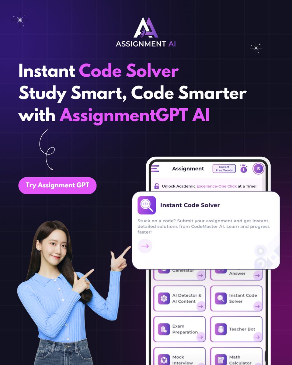 AssignmentGptAI's tweet image. Struggling with coding homework or projects?
.
Meet Instant Code Solver - AssignmentGPT AI
.
👉 Try it today & boost your productivity!
.
#instantcodesolver #assignmentgpt #ai #coding #programming #developers #tech #artificialintelligence #edtech #students #studyhacks