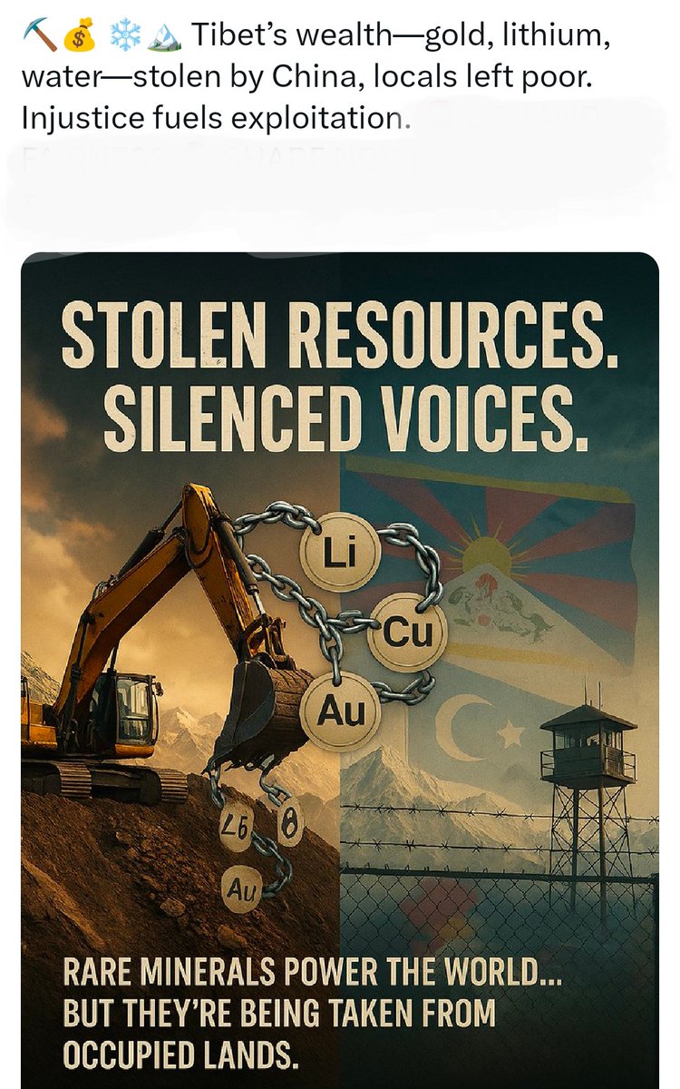 བོད་ཀྱི་རྒྱུ་ནོར་——གསེར་དང་། 锂། ཆུ་བཅས་ཀྲུང་གོས་བརྐུས་སོང་། ས་གནས་དེ་གའི་མི་རྣམས་དབུལ་ཕོངས་སུ་གྱུར་ཡོད། དྲང་གཞག་མིན་པས་བཤུ་གཞོག་ཇེ་རིང་དུ་བཏང་།
<a href="/serpentza/">Winston Sterzel</a> <a href="/SujeetKOfficial/">Sujeet Kumar 🇮🇳</a> <a href="/shaojiang/">Shao Jiang 邵江</a> <a href="/SamWalton/">Sam Walton</a> 
#FreeTibet #Justice