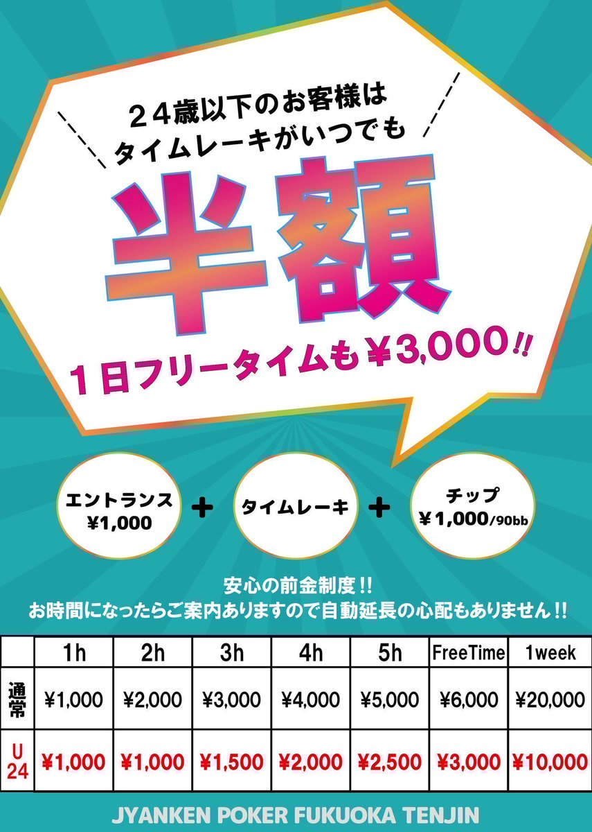 料金案内🏃】 エントランス 1,000円 タイムレーキ 1,000円/1h チップ 1,000円/90BB 24歳以下の方はタイムレーキが半額✨  さらに女性のお客様はタイムレーキが無料となっております❣️ 詳細はPOP🔽