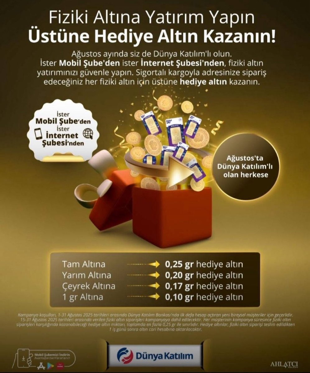 Ksamsunlu's tweet photo. Altın bankacılığına yeni bir sayfayı bu hafta açtık. Bankamızda hesap açacak ve altın alacak tasarruf sahiplerine  0.25 ile 0.10 gram arasında değişen miktarlarda altın hediye ediyoruz. Bence kaçırmamak lazım❗️@AhlatciHolding @dunyakatilim https://t.co/9hi2Dep8di