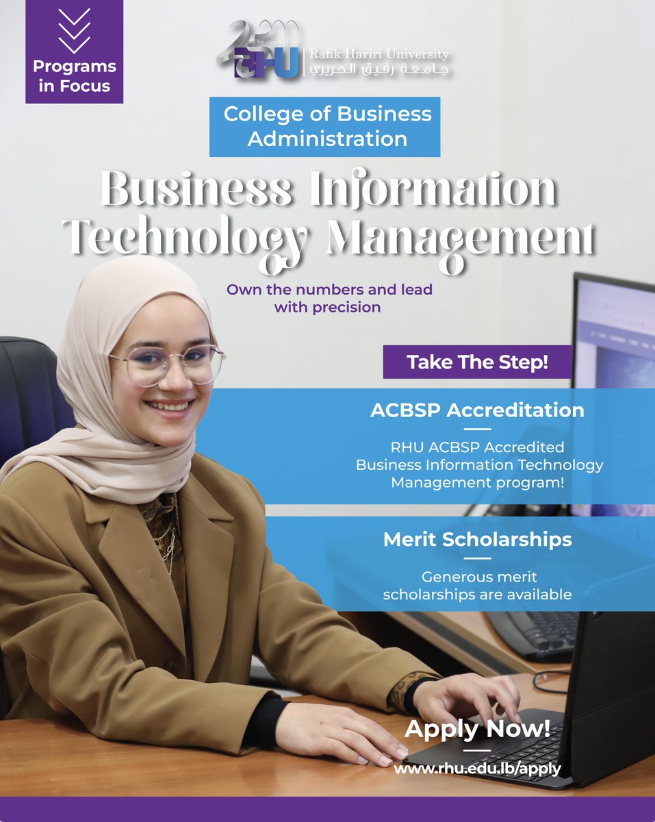 Lead the future in business &amp; tech! Join RHU’s ACBSP-accredited Business Information Technology Management program to drive innovation and digital transformation. Fall 2025-2026 Admission Open. Apply Now: rhu.edu.lb/apply #RHU #InformationTechnology #Business #ACBSP